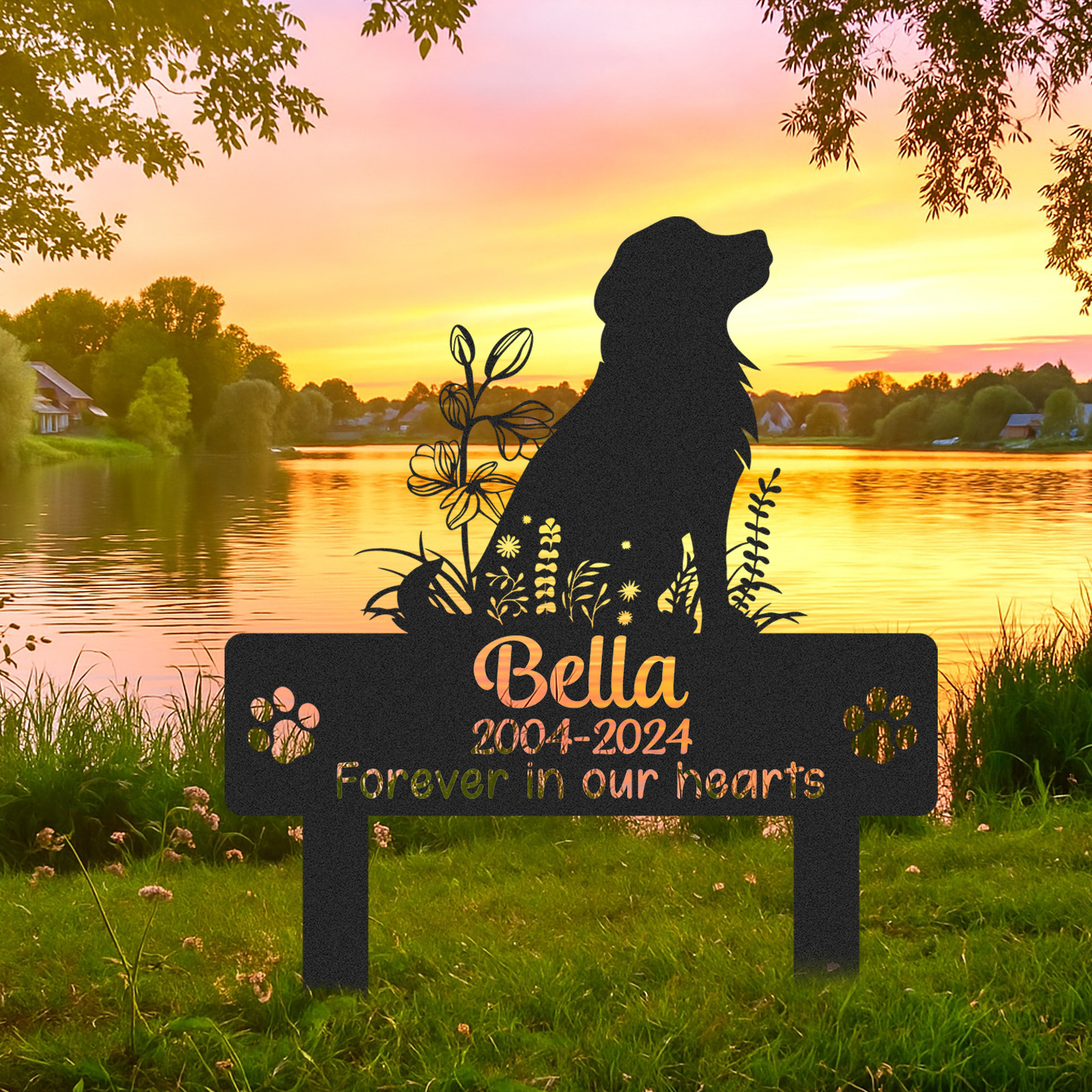 Outdoor Pet Memorial Sign, Golden Retriever Stake with Name and Years for Garden Tribute