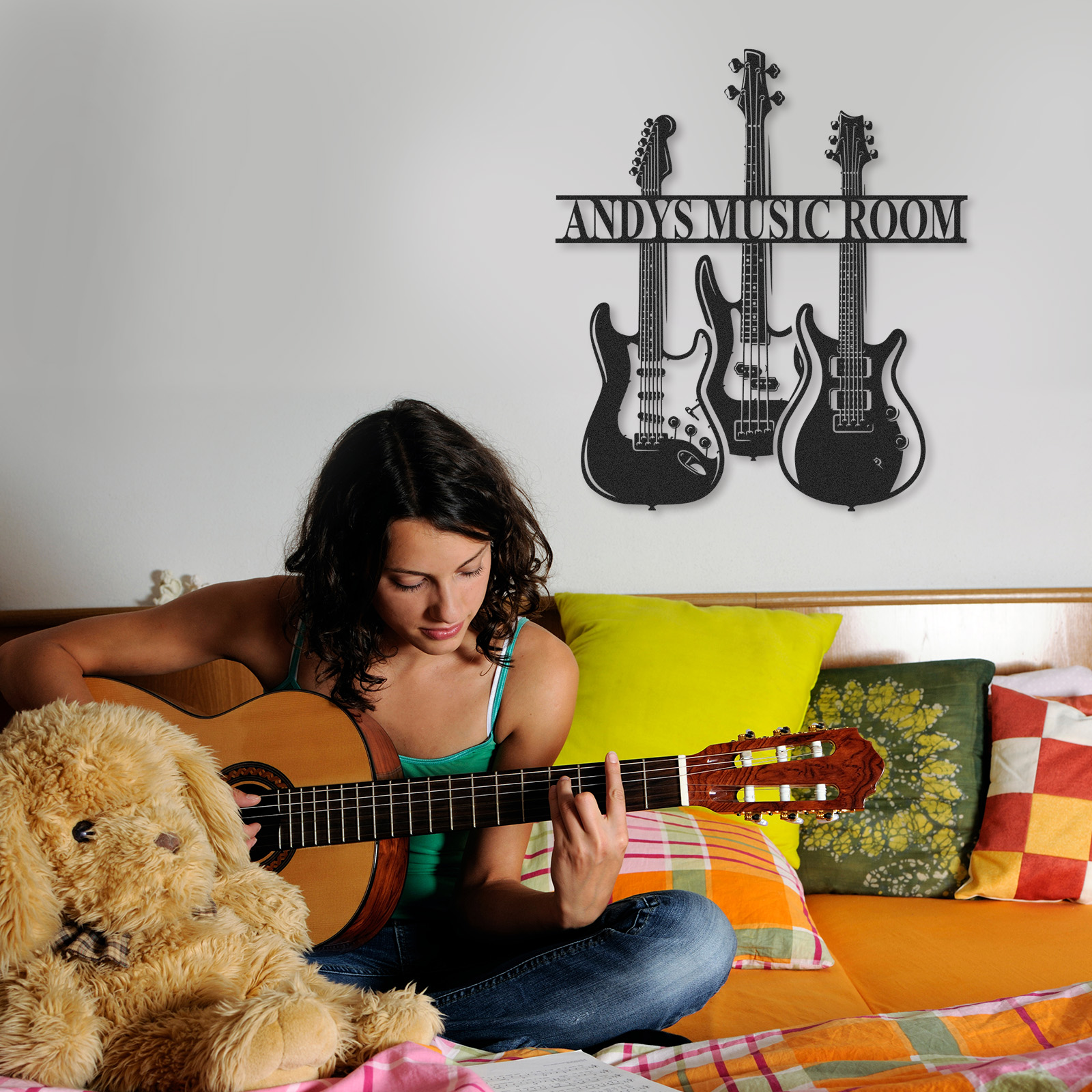 Personalized Guitar Trio Metal Sign, Custom Music Room Wall Art with Three Guitars, Gift for Rock Music Lovers