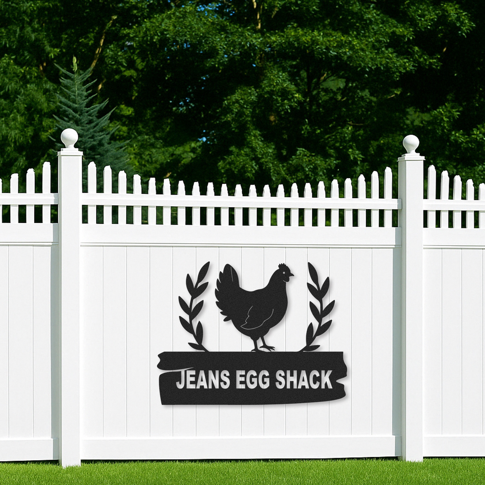 Custom Egg Shack Sign with Hen and Leaf Design, Personalized Chicken Coop Metal Decor for Backyard or Farm