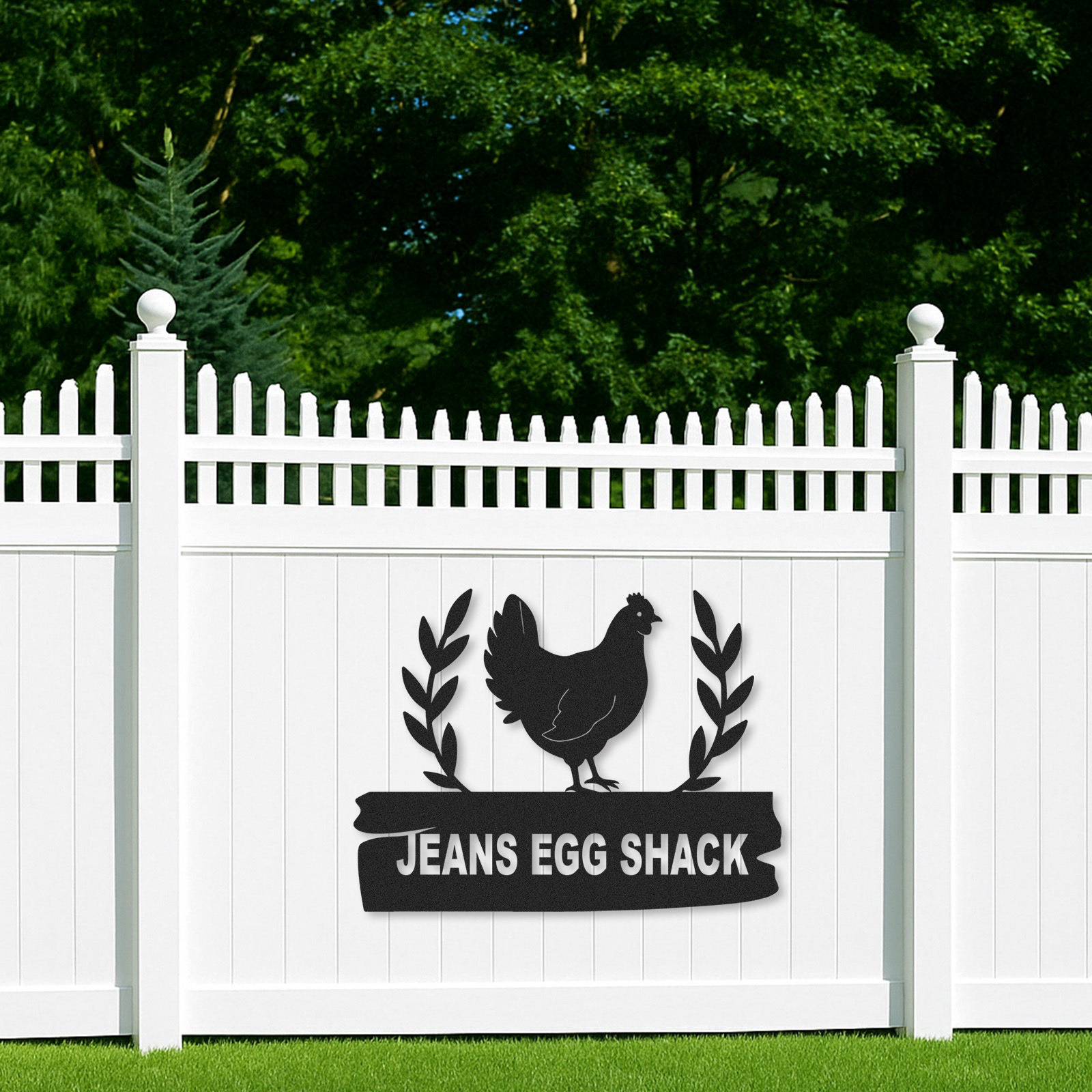Custom Egg Shack Sign with Hen and Leaf Design, Personalized Chicken Coop Metal Decor for Backyard or Farm