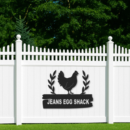 Custom Egg Shack Sign with Hen and Leaf Design, Personalized Chicken Coop Metal Decor for Backyard or Farm