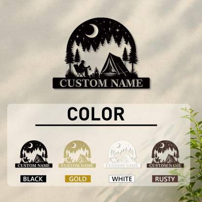 Custom Camping Metal Sign, Personalized Tent and Campfire Wall Art for Outdoor Lovers, Moon and Stars Forest Scene Name Sign