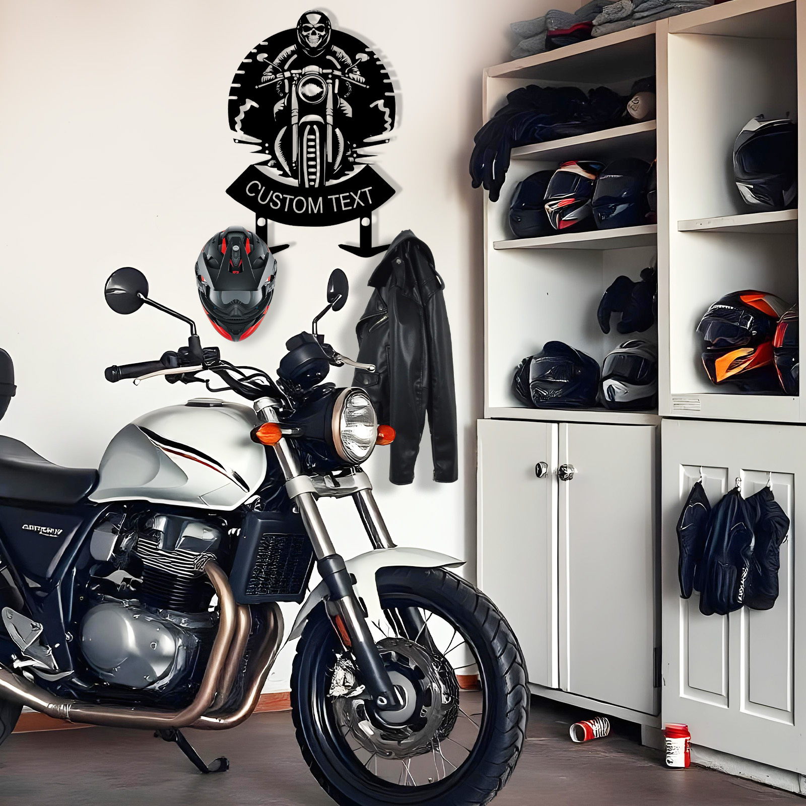 Personalized Skull Motorcycle Helmet Holder Wall Mount, Custom Name Biker Hooks Rack for Helmet Jacket Coat, Custom Speedometer Design Garage Wall Art