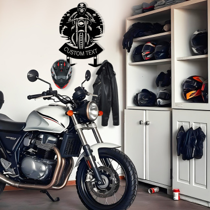 Personalized Skull Motorcycle Helmet Holder Wall Mount, Custom Name Biker Hooks Rack for Helmet Jacket Coat, Custom Speedometer Design Garage Wall Art