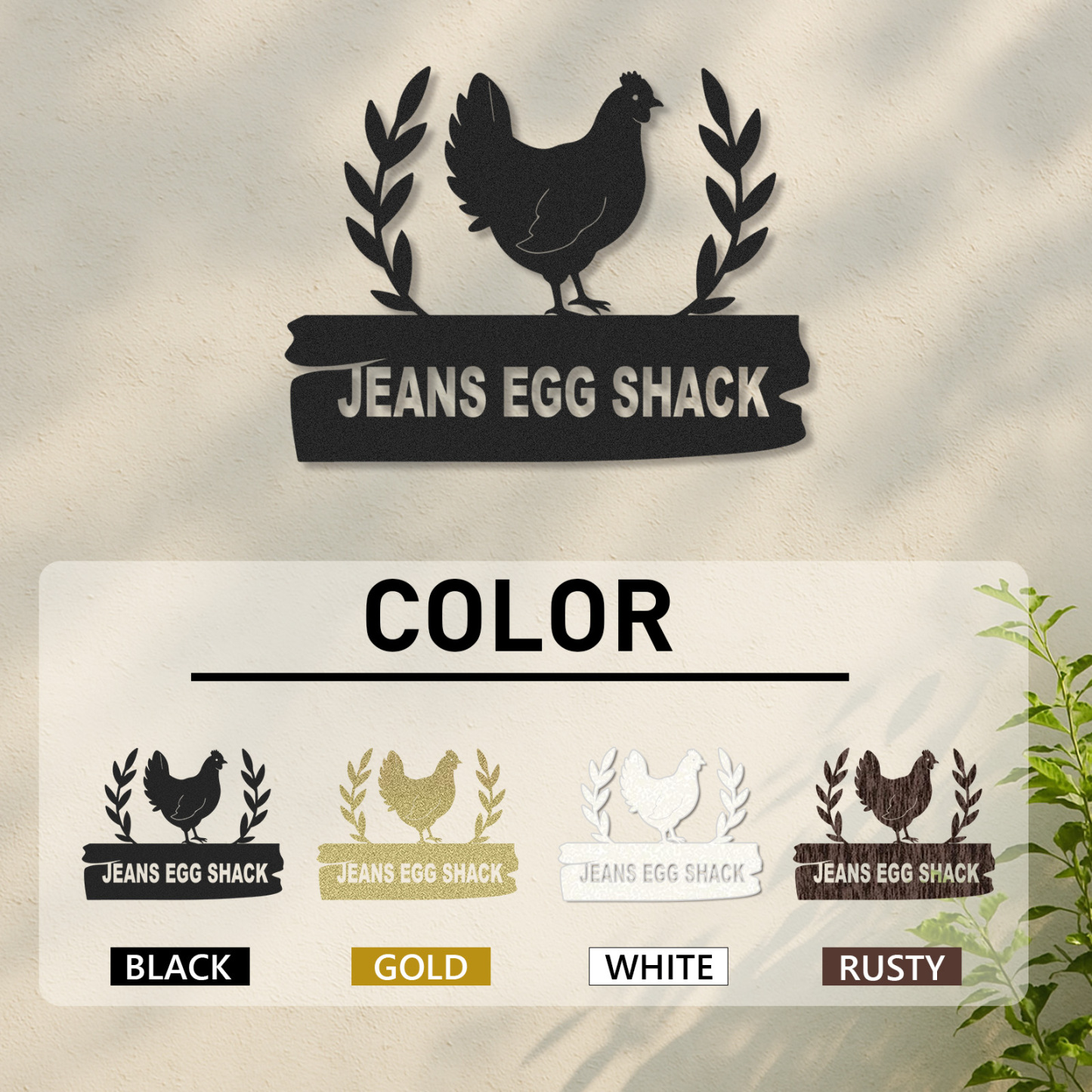 Custom Egg Shack Sign with Hen and Leaf Design, Personalized Chicken Coop Metal Decor for Backyard or Farm