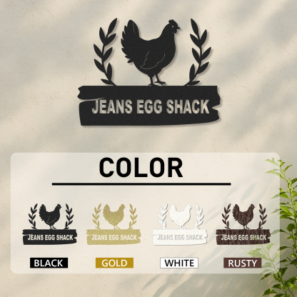 Custom Egg Shack Sign with Hen and Leaf Design, Personalized Chicken Coop Metal Decor for Backyard or Farm