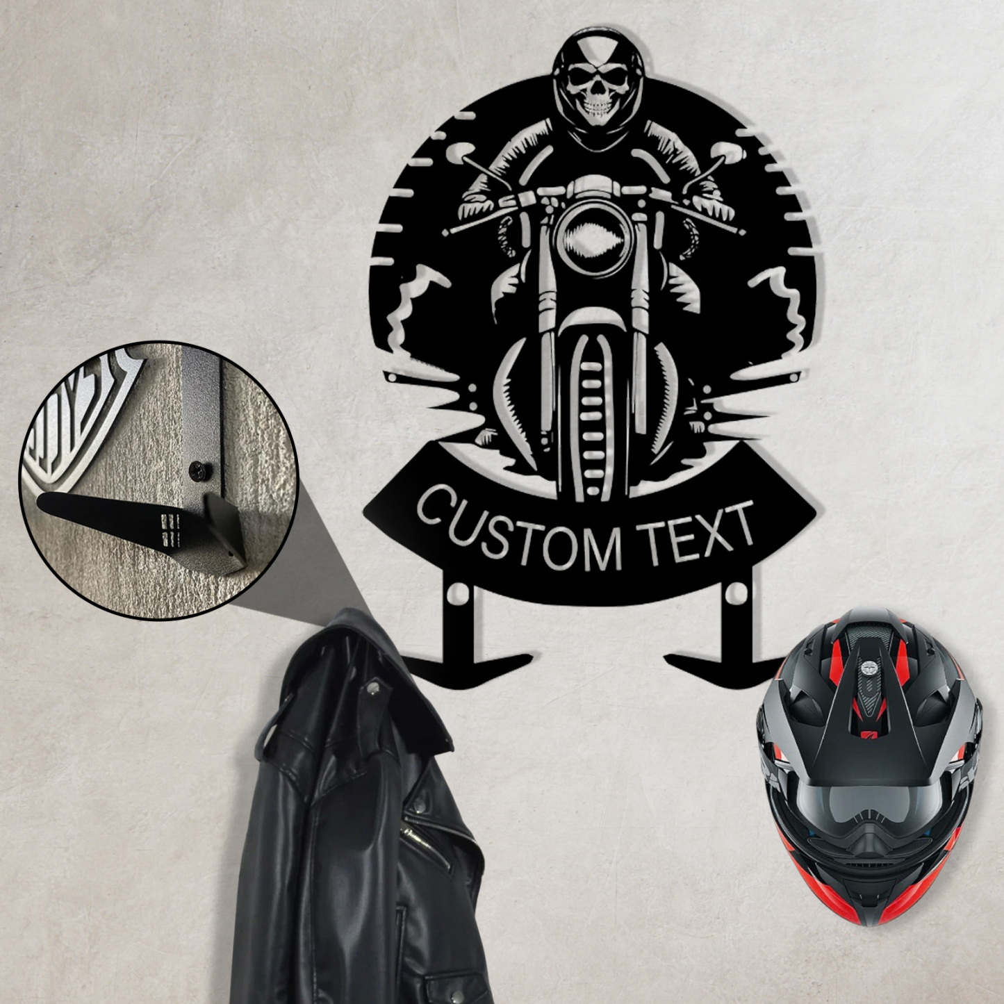 Personalized Skull Motorcycle Helmet Holder Wall Mount, Custom Name Biker Hooks Rack for Helmet Jacket Coat, Custom Speedometer Design Garage Wall Art