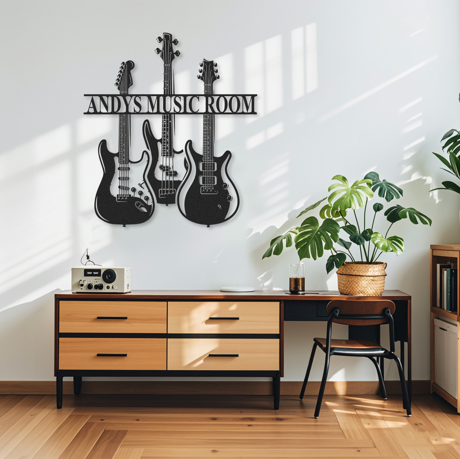 Personalized Guitar Trio Metal Sign, Custom Music Room Wall Art with Three Guitars, Gift for Rock Music Lovers