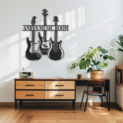 Personalized Guitar Trio Metal Sign, Custom Music Room Wall Art with Three Guitars, Gift for Rock Music Lovers