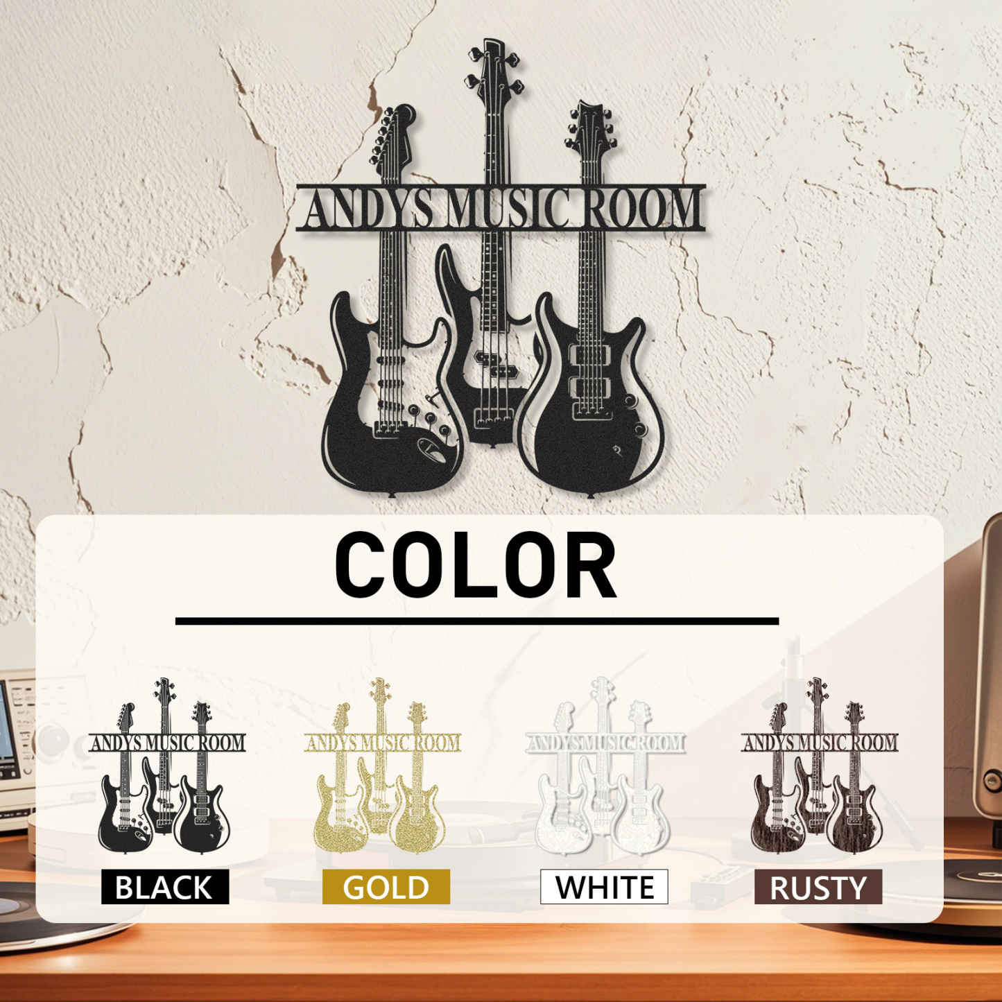 Personalized Guitar Trio Metal Sign, Custom Music Room Wall Art with Three Guitars, Gift for Rock Music Lovers