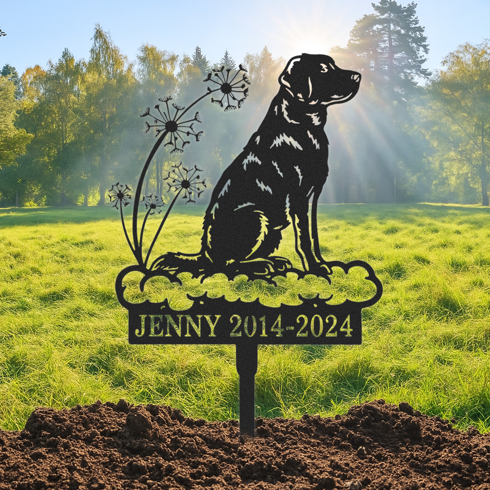 Custom Dog Memorial Stake with Dandelion Cloud Design, Personalized Pet Grave Marker for Garden or Backyard Tribute Decor