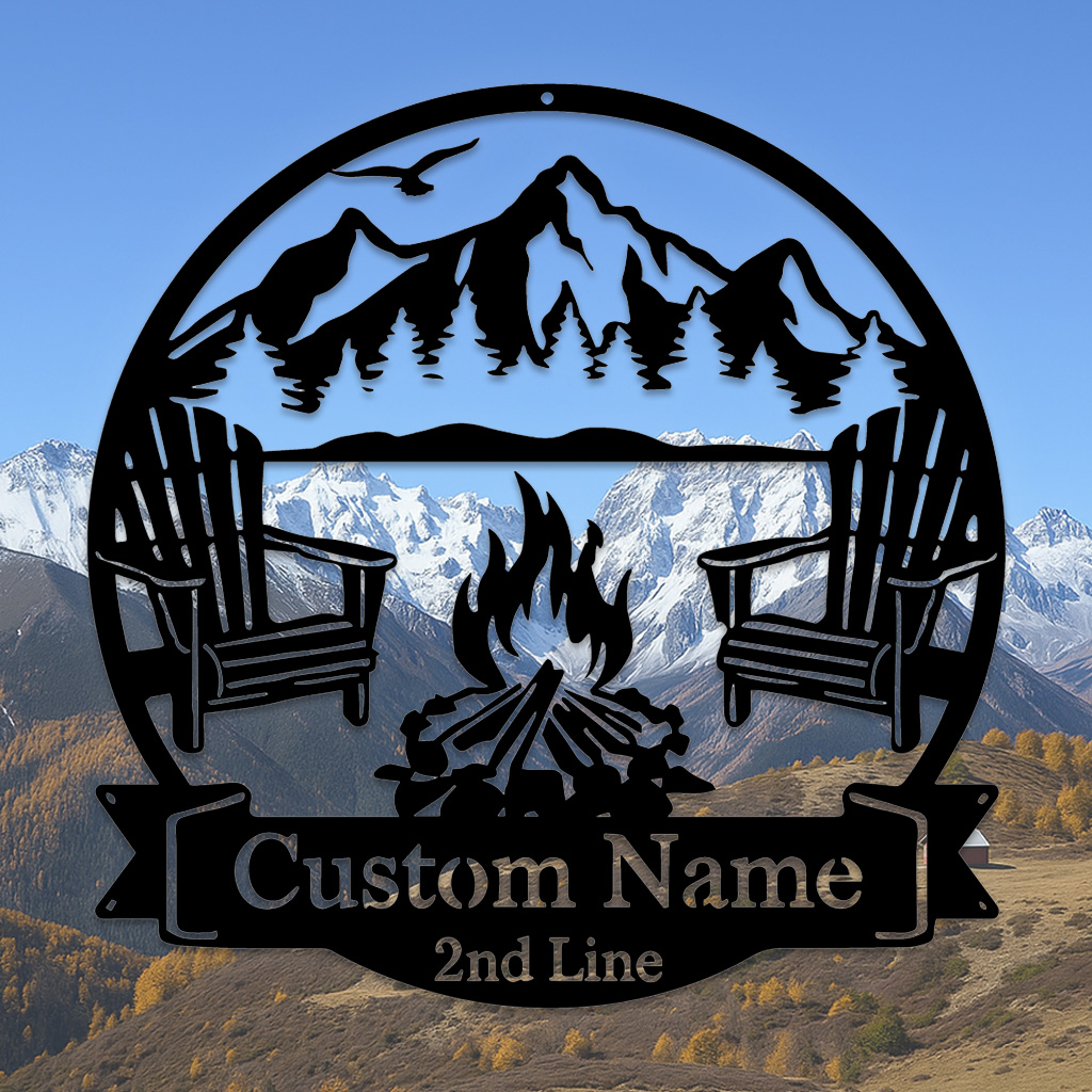 Custom Mountain Firepit Metal Sign, Personalized Two-Line Cabin Wall Art with Chairs and Scenic Peak View, Outdoor Decor for Lake or Lodge