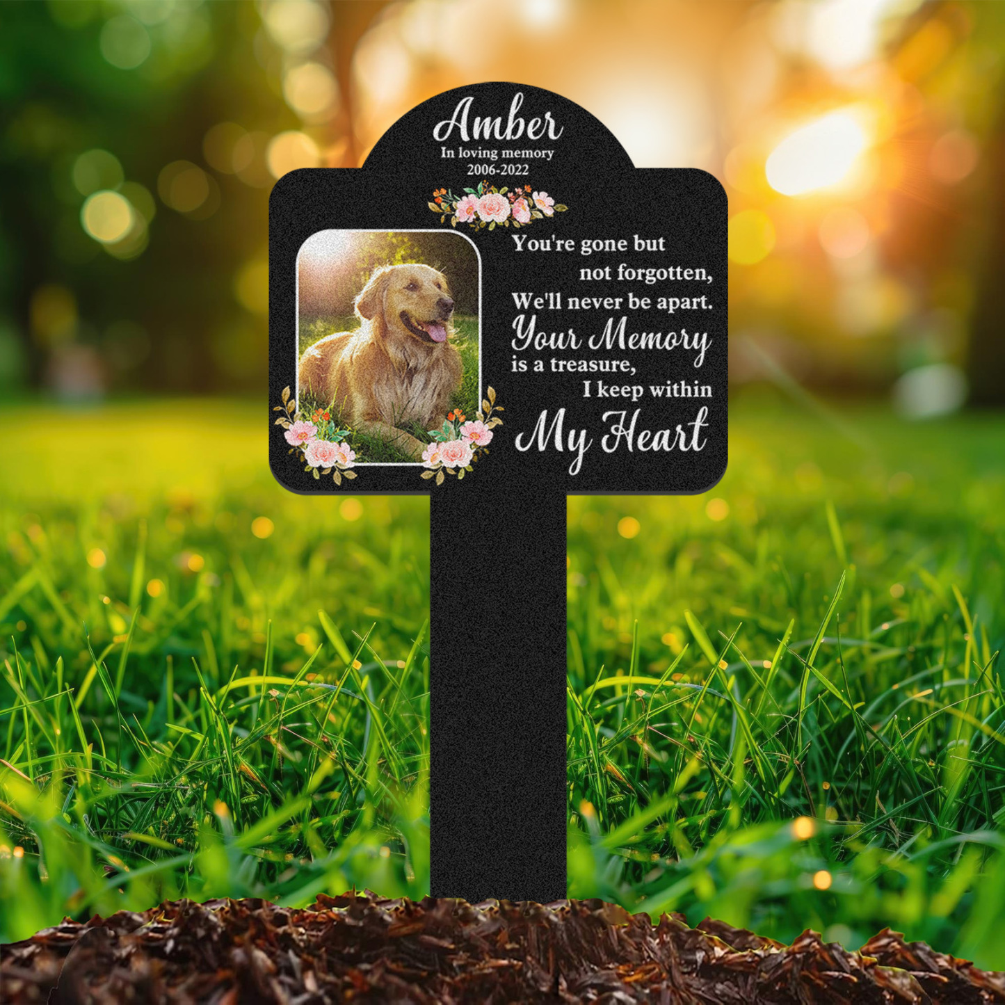 Custom Pet Memorial Stake with Poem and Photo, Floral Personalized Garden Grave Marker for Dogs or Cats