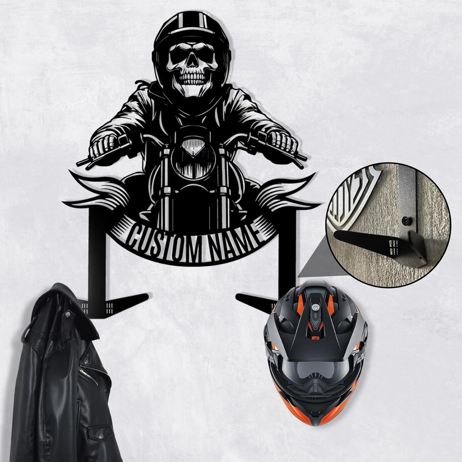 Vintage Iron Motorcycle Helmet Holder , Handmade Wall Hook with Personalized Name-MetalsignX