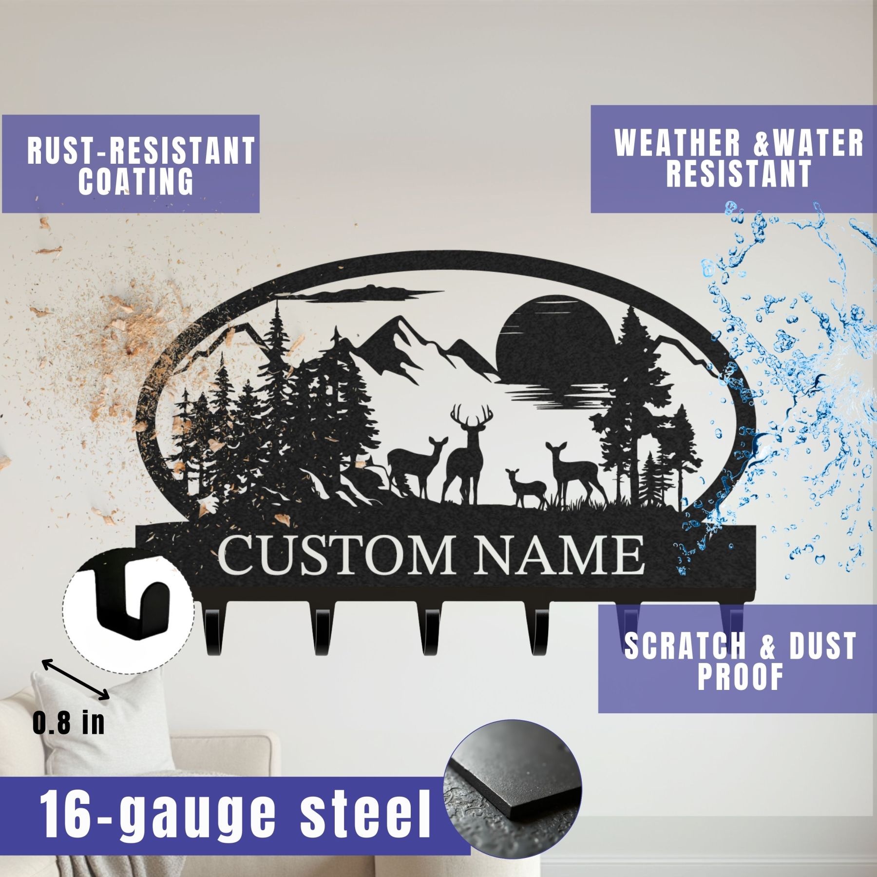 Personalized Key Holder for Wall, Custom Metal Deer Cabin Key Hooks with Name, Metal Jacket Holder Hooks Organizer Rack, Coat Hanger Decor for Kitchen, Entryway, Hallway, Office, Doorway