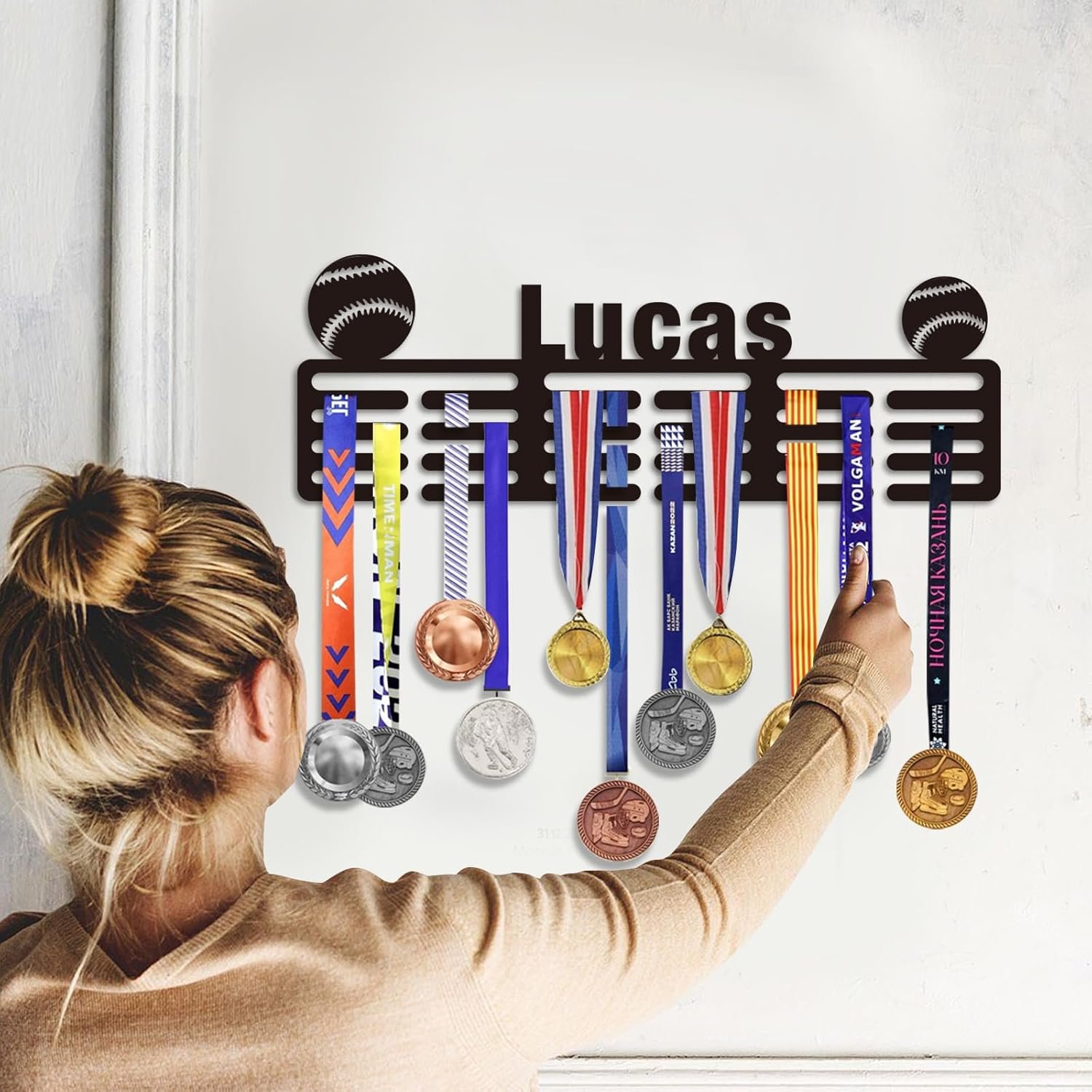Personalized Medal Hanger Display with Name - Custom Pattern Medal Sports Race Soccer Plaques Holder for Wall Mount Hold Up 60 Medals Awards Hanger Rack for Athletes and Youth