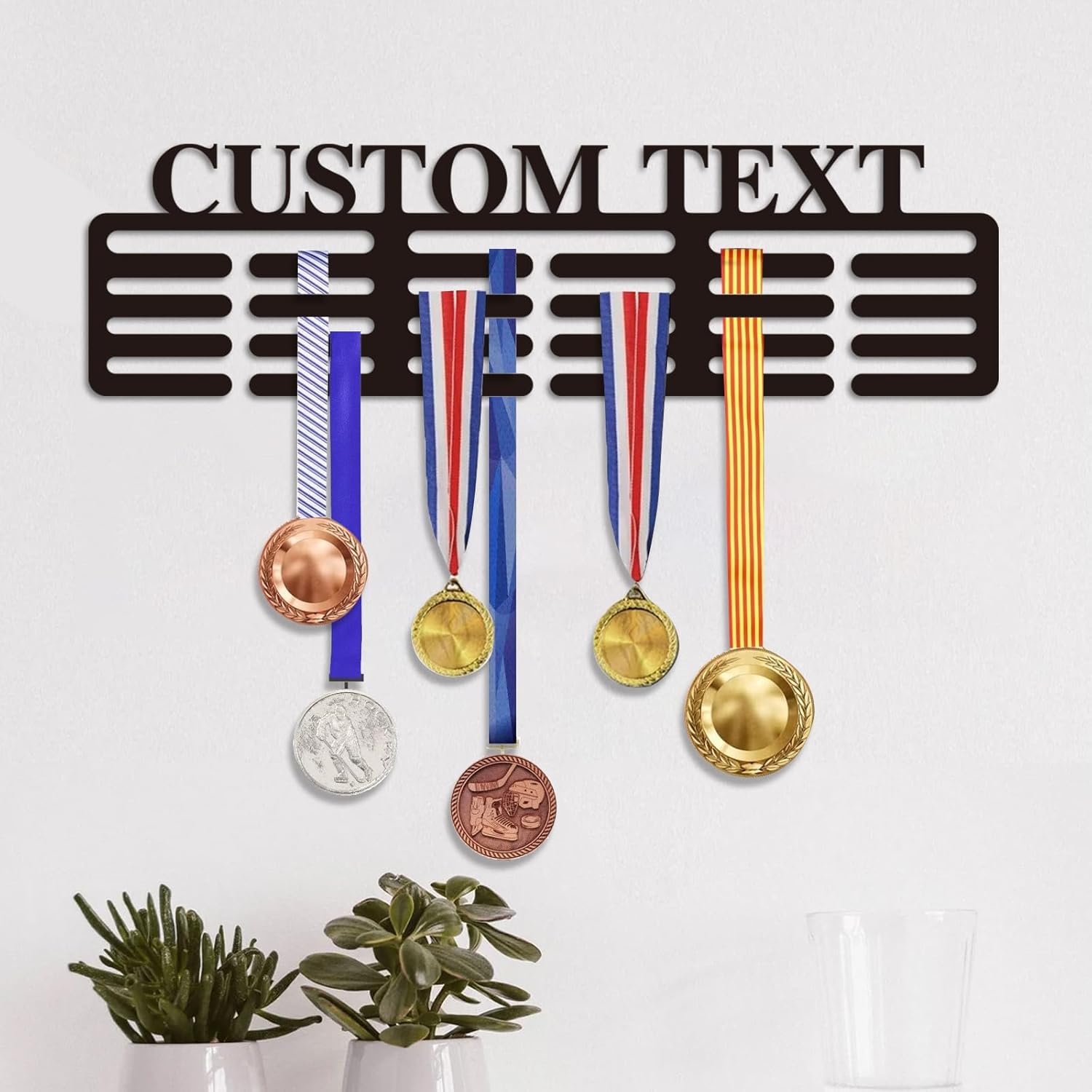 Personalized Medal Hanger Display with Name - Custom Pattern Medal Sports Race Soccer Plaques Holder for Wall Mount Hold Up 60 Medals Awards Hanger Rack for Athletes and Youth