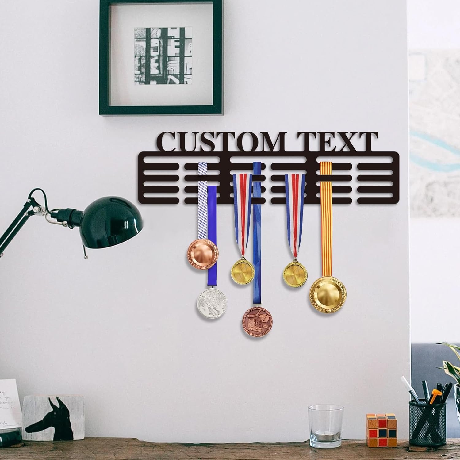 Personalized Medal Hanger Display with Name - Custom Pattern Medal Sports Race Soccer Plaques Holder for Wall Mount Hold Up 60 Medals Awards Hanger Rack for Athletes and Youth