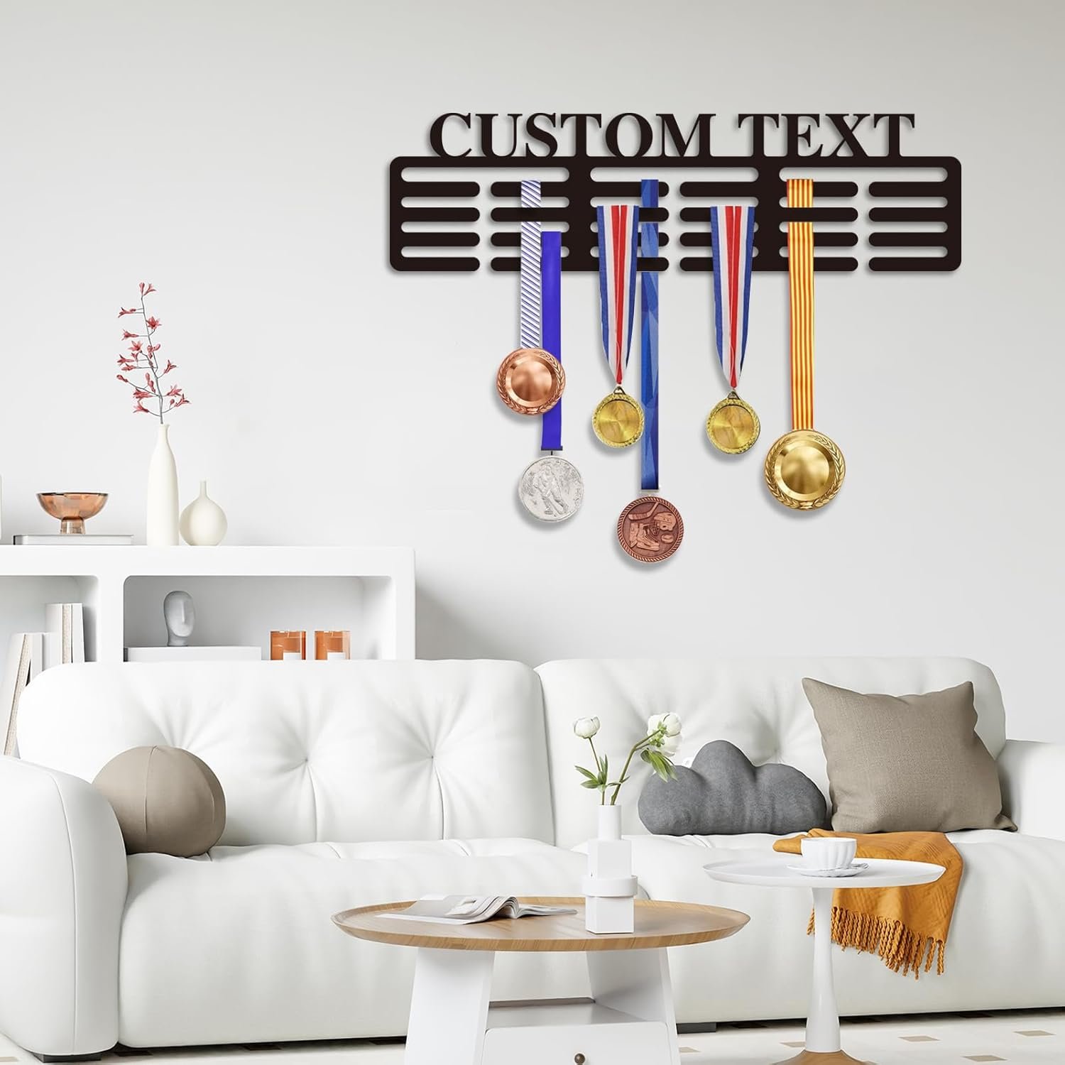 Personalized Medal Hanger Display with Name - Custom Pattern Medal Sports Race Soccer Plaques Holder for Wall Mount Hold Up 60 Medals Awards Hanger Rack for Athletes and Youth