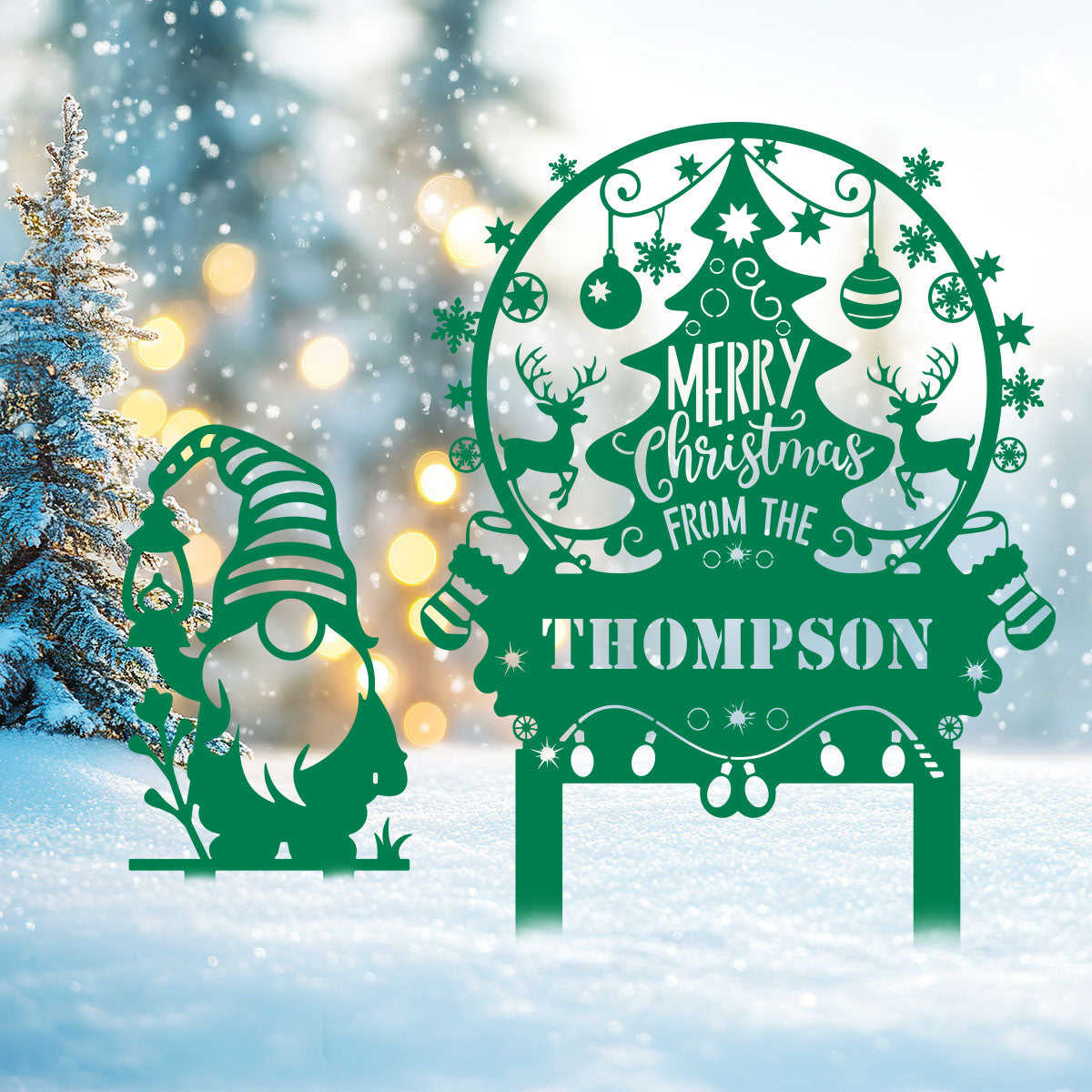 Personalized Merry Christmas Tree & Gnome Metal Garden Stakes, Custom Outdoor Holiday Decorations