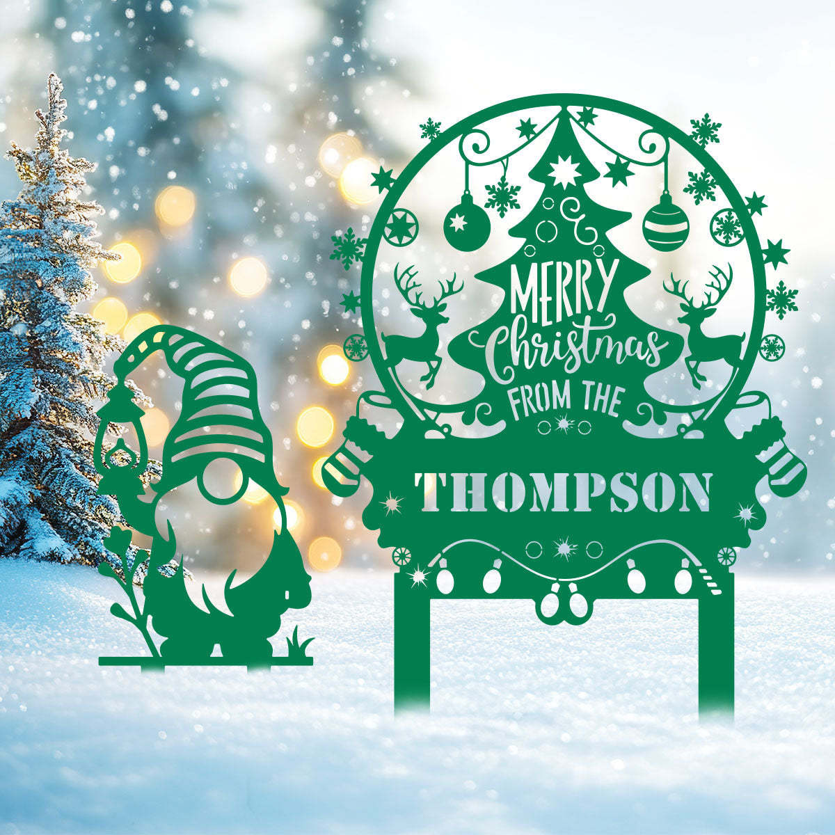 Personalized Merry Christmas Tree & Gnome Metal Garden Stakes, Custom Outdoor Holiday Decorations