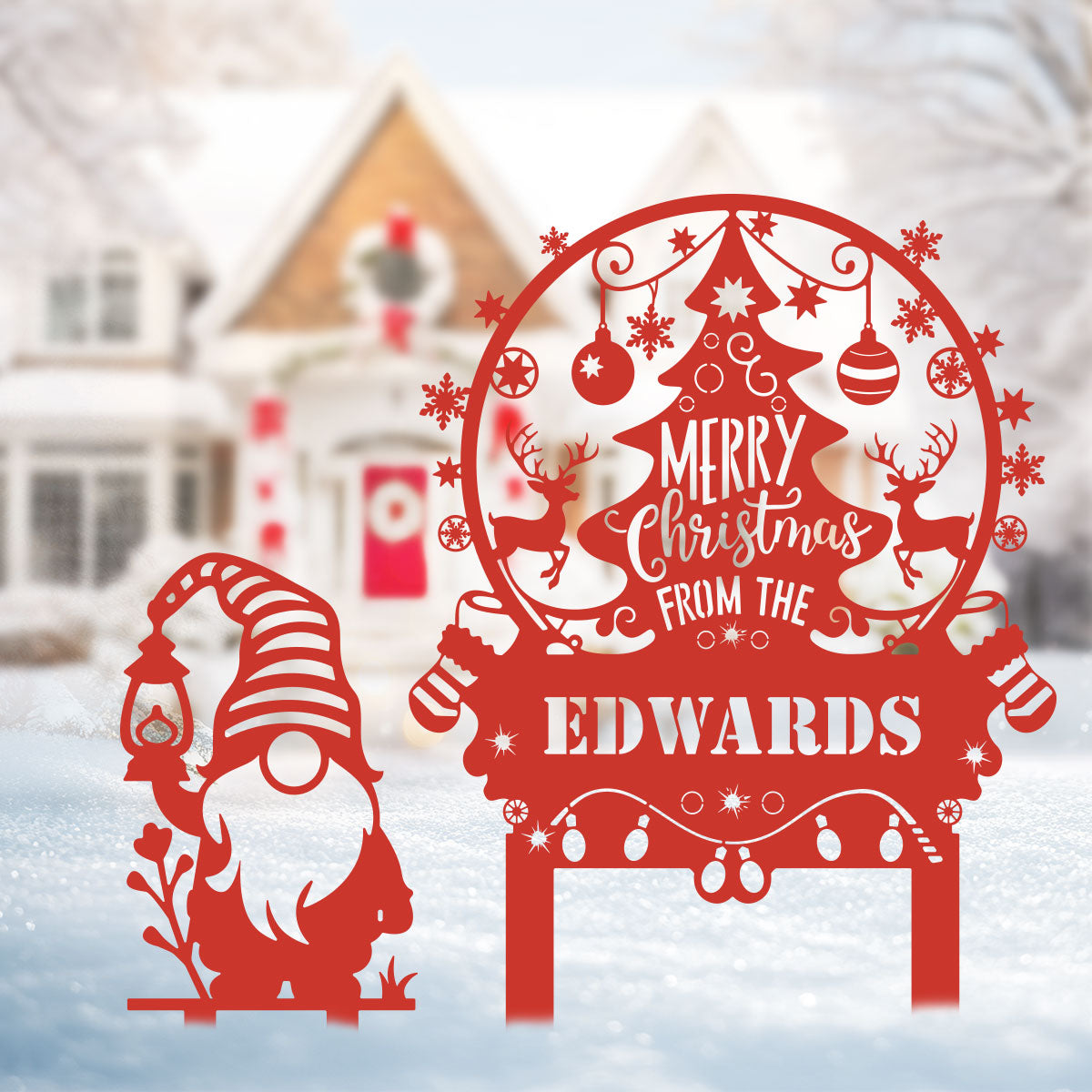 Personalized Merry Christmas Tree & Gnome Metal Garden Stakes, Custom Outdoor Holiday Decorations