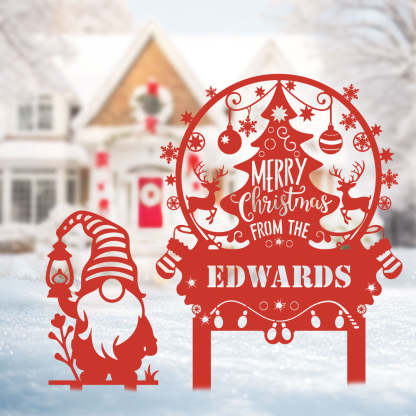 Personalized Merry Christmas Tree & Gnome Metal Garden Stakes, Custom Outdoor Holiday Decorations