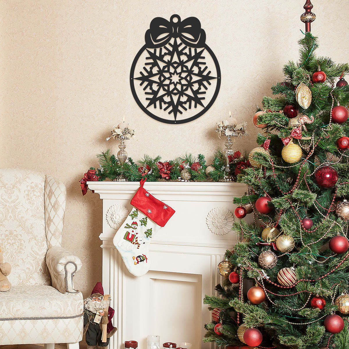 Merry Christmas New Year��s Ball, Snowflake Ornament Metal Wall Decor, Holiday Hanging Decoration for Home and Outdoor Display