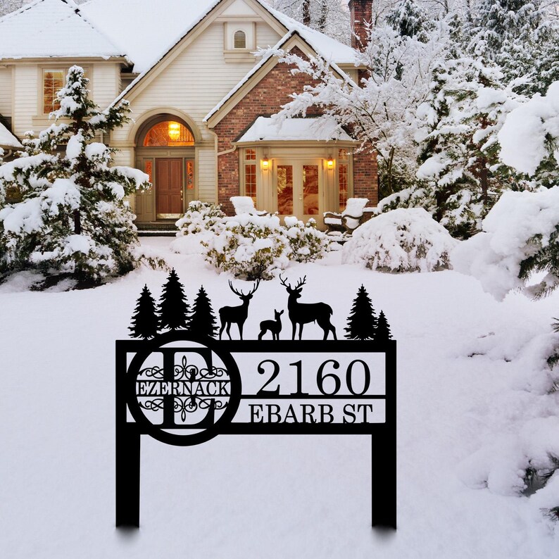 Custom Metal Address Sign, Personalized Deer and Forest Yard Sign, Deer Yard Sign Gift, Wildlife Outdoor Camping Decor, Cabin Yard Sign Gift