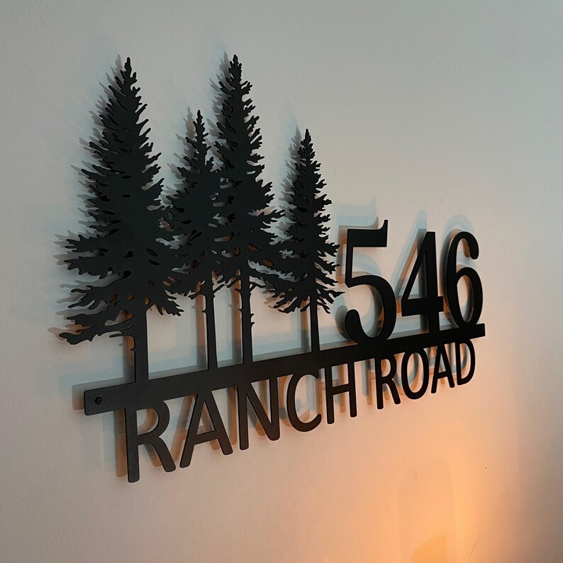 Custom Metal Address Sign, House Name Sign, Metal Door Number, Custom Adress Sign, Pine Tree Wall Art, Custom Address Wall Decor, Metal Sign