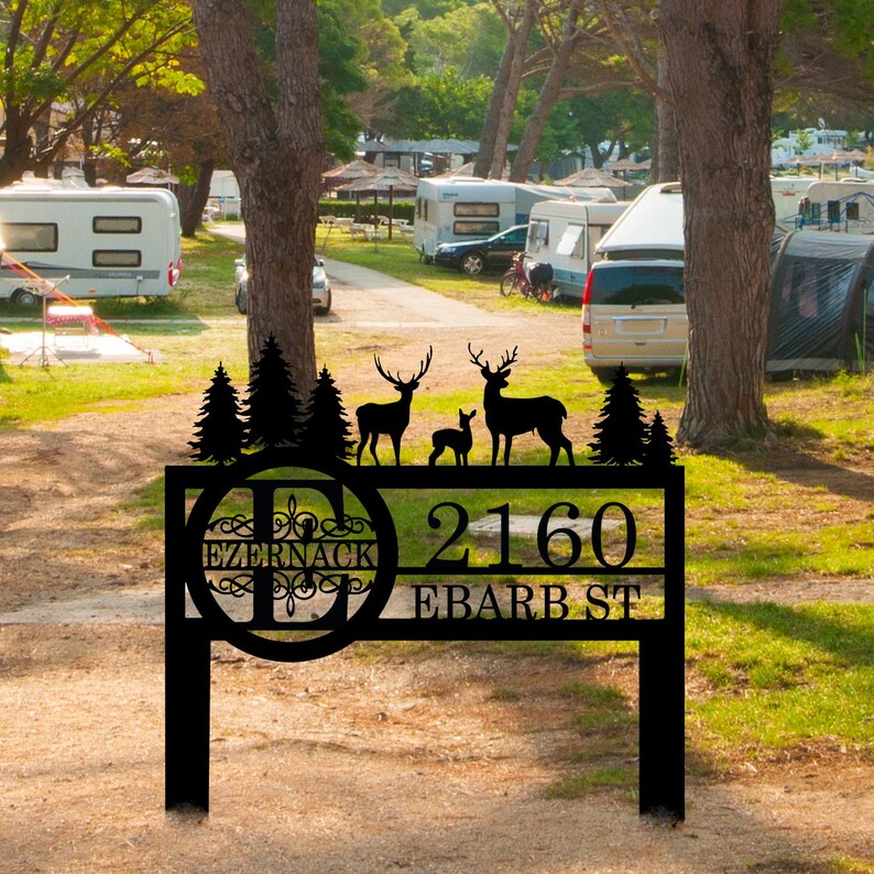 Custom Metal Address Sign, Personalized Deer and Forest Yard Sign, Deer Yard Sign Gift, Wildlife Outdoor Camping Decor, Cabin Yard Sign Gift
