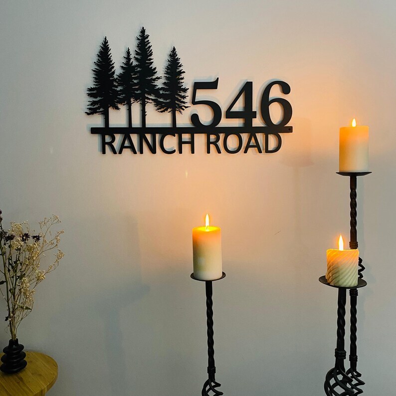 Custom Metal Address Sign, House Name Sign, Metal Door Number, Custom Adress Sign, Pine Tree Wall Art, Custom Address Wall Decor, Metal Sign