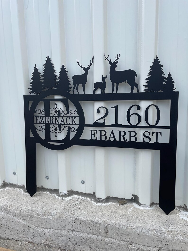 Custom Metal Address Sign, Personalized Deer and Forest Yard Sign, Deer Yard Sign Gift, Wildlife Outdoor Camping Decor, Cabin Yard Sign Gift