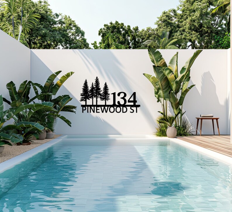 Custom Metal Address Sign, House Name Sign, Metal Door Number, Custom Adress Sign, Pine Tree Wall Art, Custom Address Wall Decor, Metal Sign