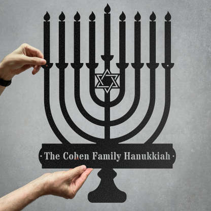 Personalized Hanukkah Metal Wall Art, Menorah Monogram, Custom Family Name Menorah Sign for Holiday D��cor