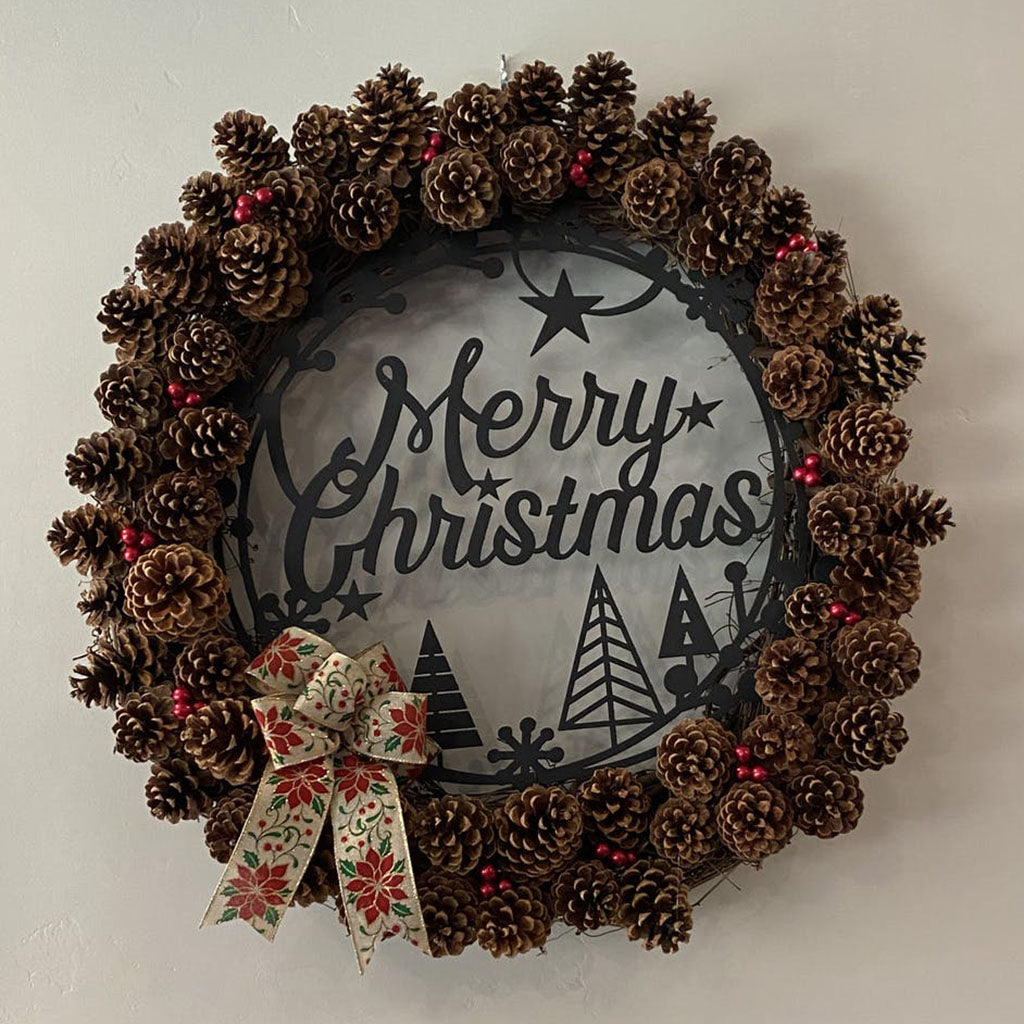 Merry Christmas Holiday Steel Sign, Round Metal Wall Art with Trees and Stars, Rustic Christmas Home Decor