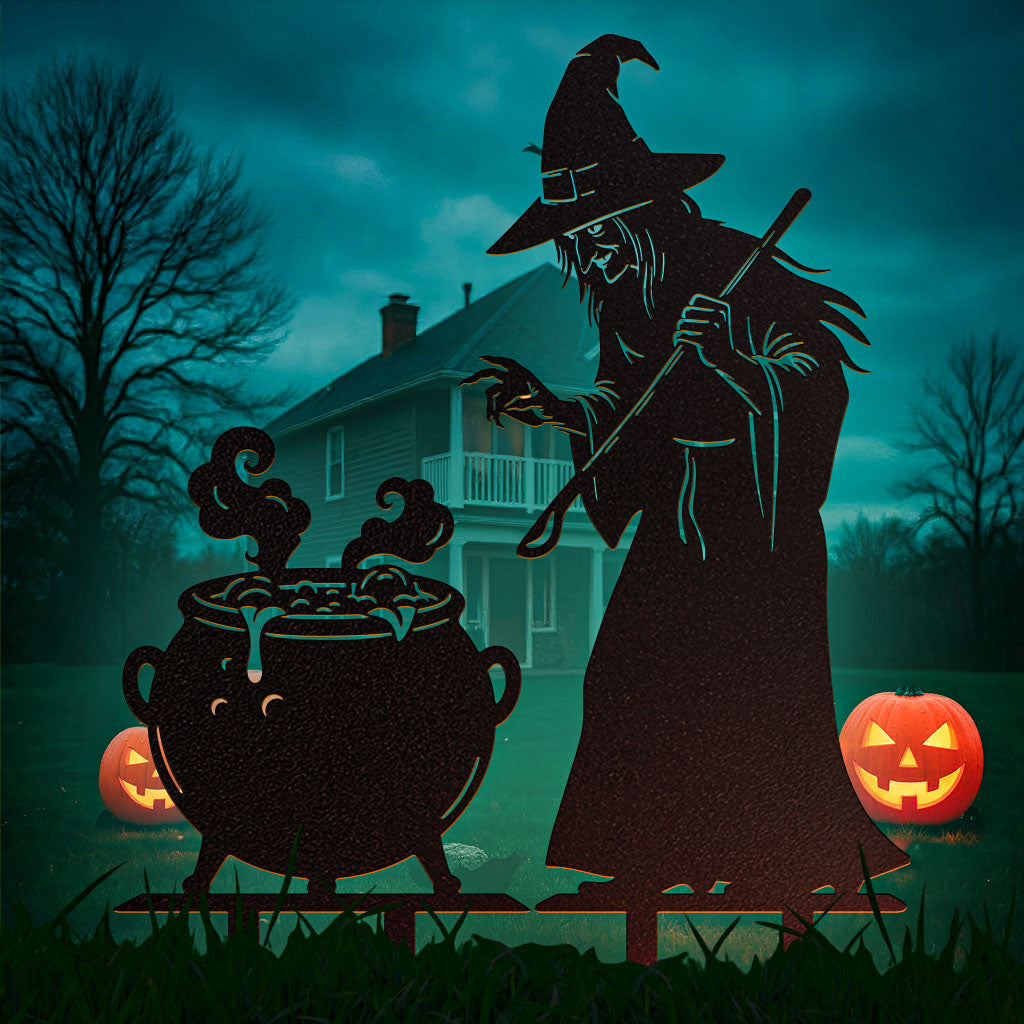 Witch and Cauldron Halloween Yard Stake, Spooky Metal Garden Sign, Outdoor Halloween Decoration, Haunted House Lawn Decor