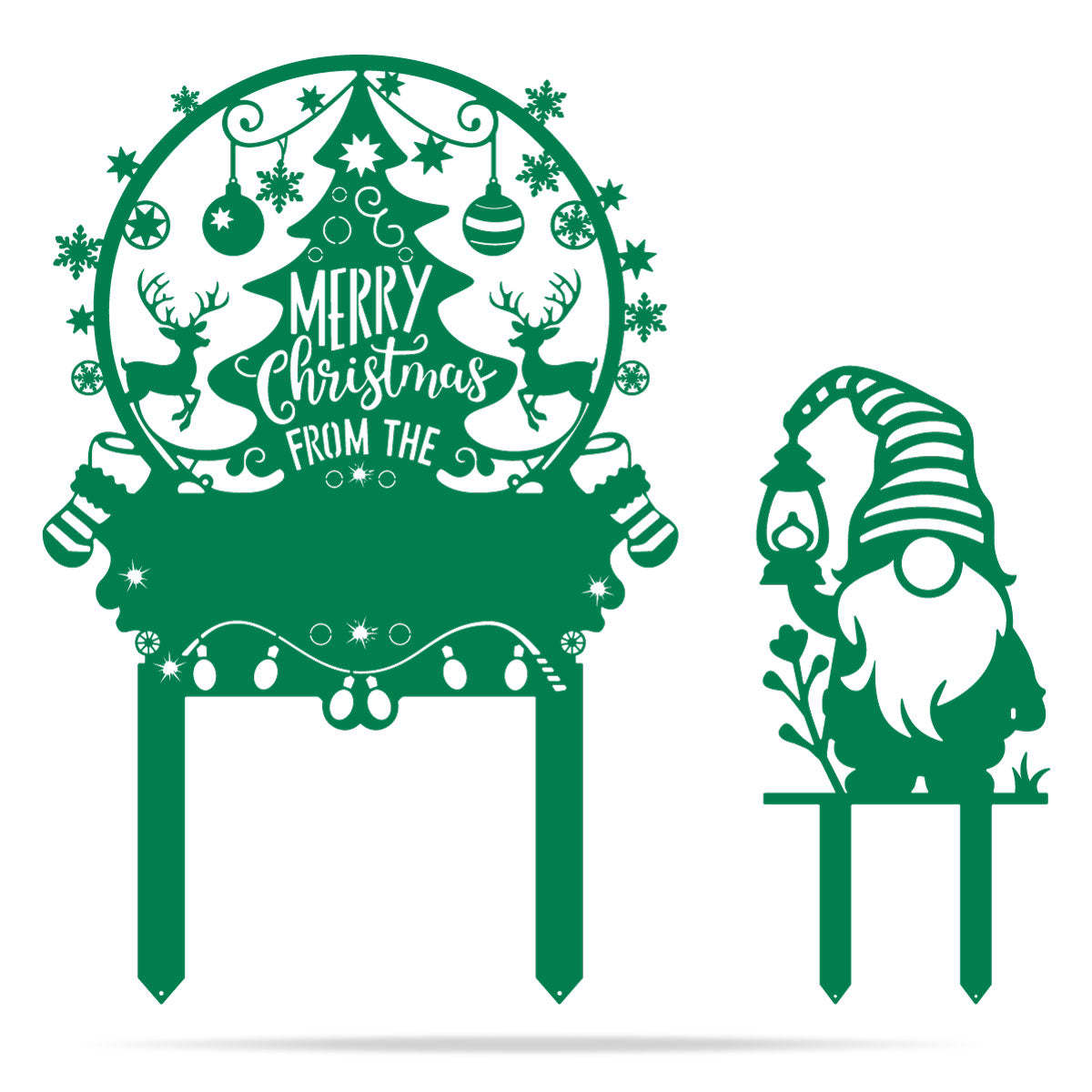 Personalized Merry Christmas Tree & Gnome Metal Garden Stakes, Custom Outdoor Holiday Decorations