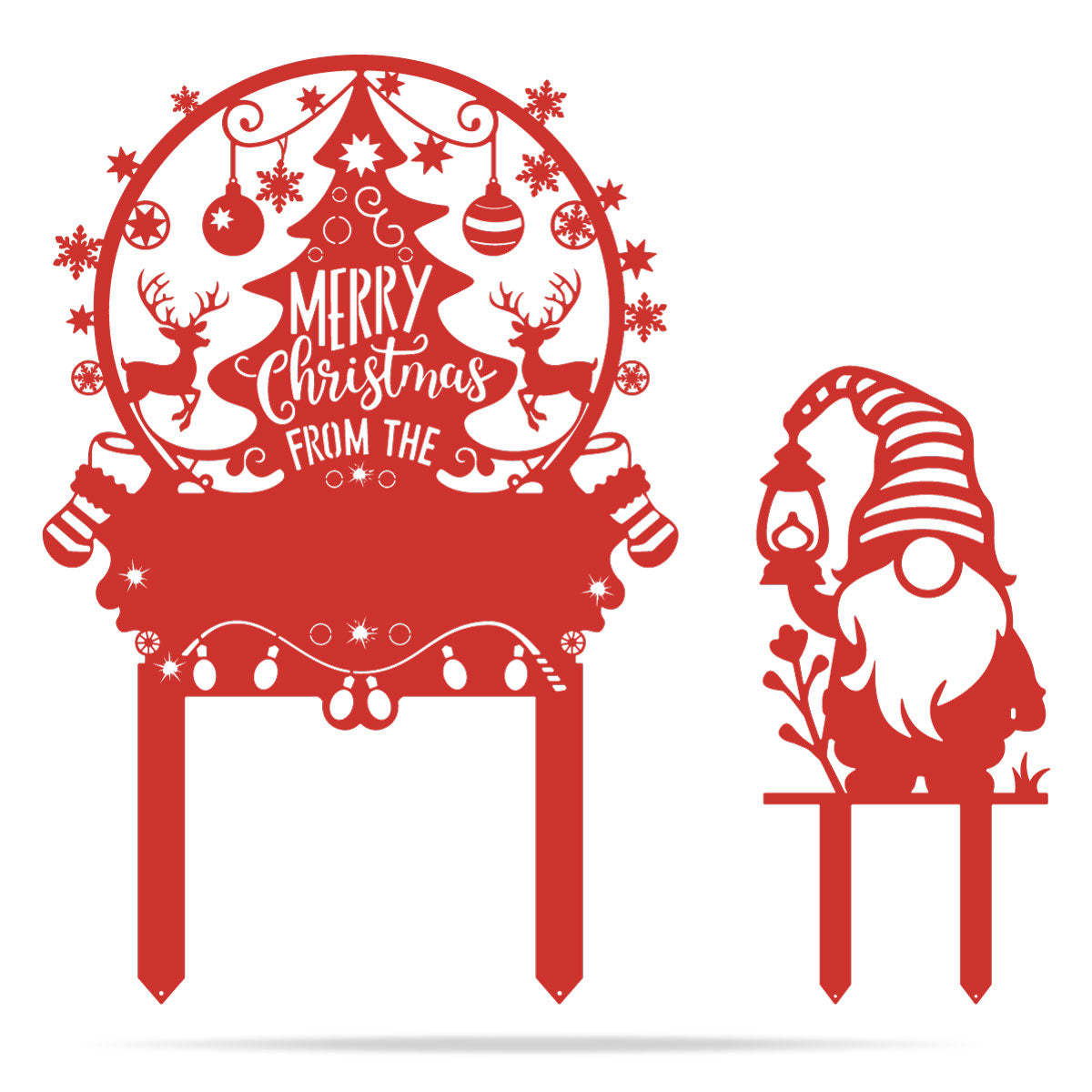 Personalized Merry Christmas Tree & Gnome Metal Garden Stakes, Custom Outdoor Holiday Decorations