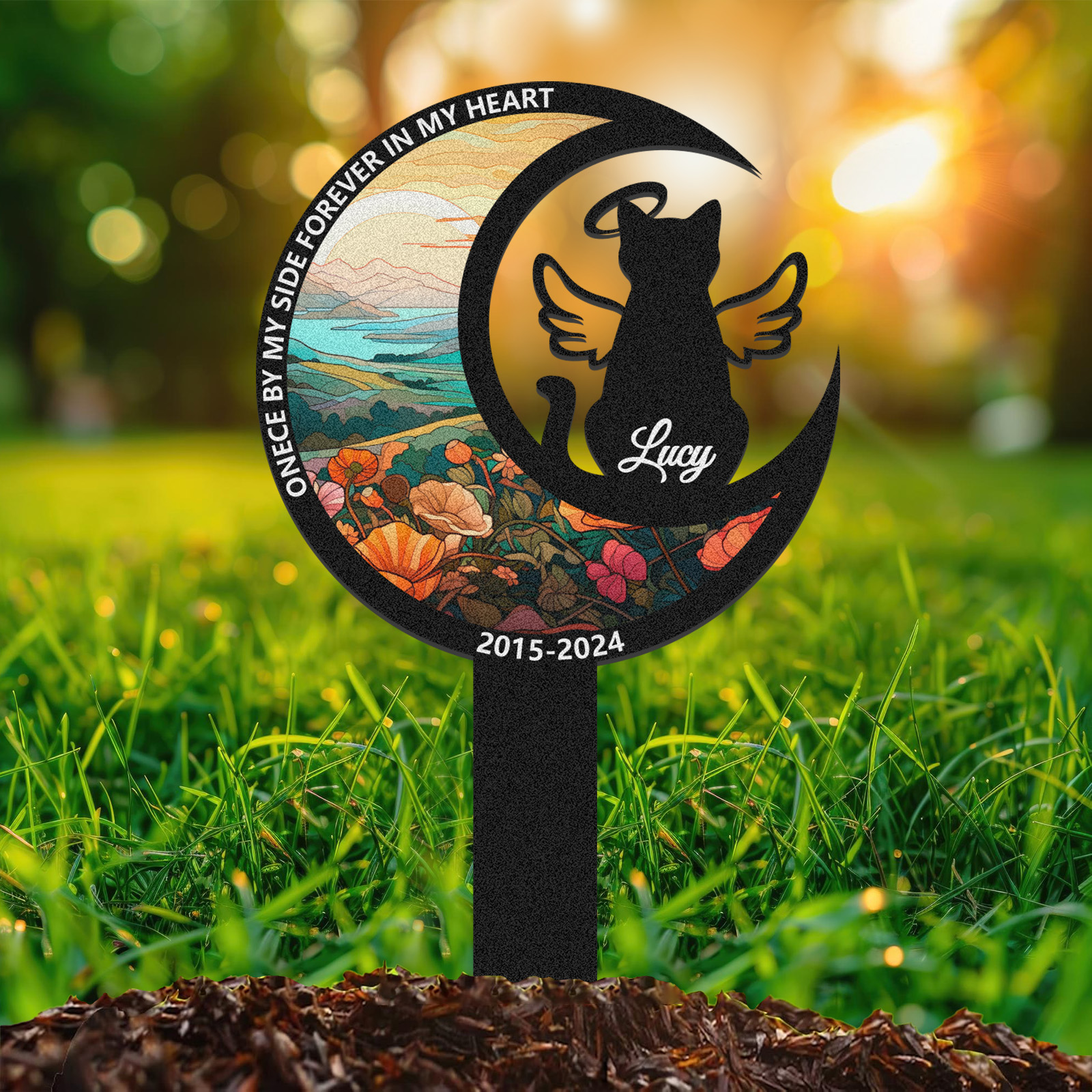 Custom Cat Memorial Garden Stake, Personalized Moon and Angel Wings Pet Grave Marker with Name and Dates