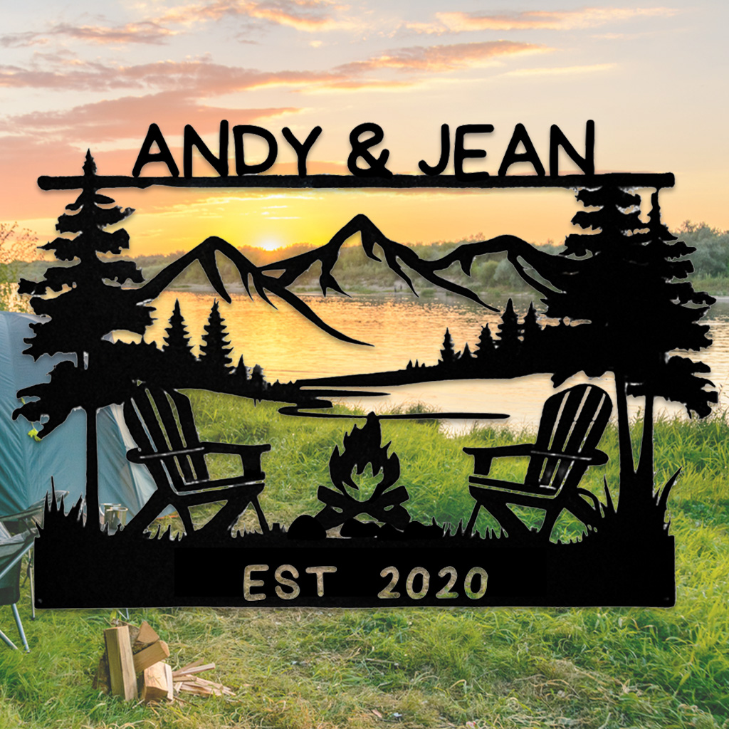 Custom Couple Campfire Metal Sign, Personalized Lake and Mountain Wall Art with Chairs and Names, Wedding or Cabin Decor Gift