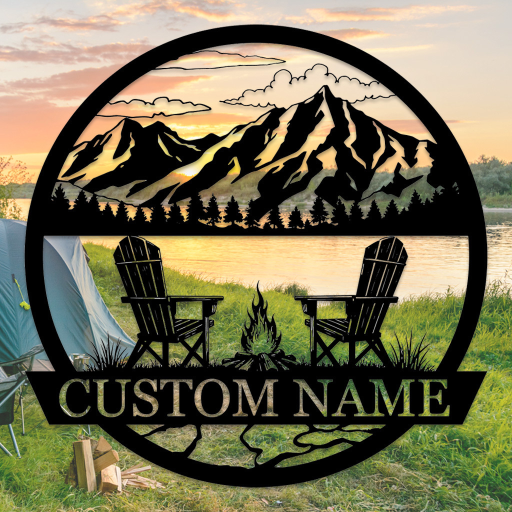 Custom Mountain Firepit Metal Sign, Personalized Chair and Peak Scene Wall Art for Cabin, Backyard or Outdoor Retreat Decor