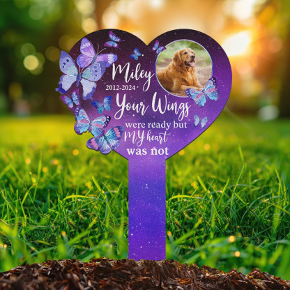 Custom Pet Memorial Heart Garden Stake, Personalized Butterfly Grave Marker with Photo and Quote for Dog or Cat