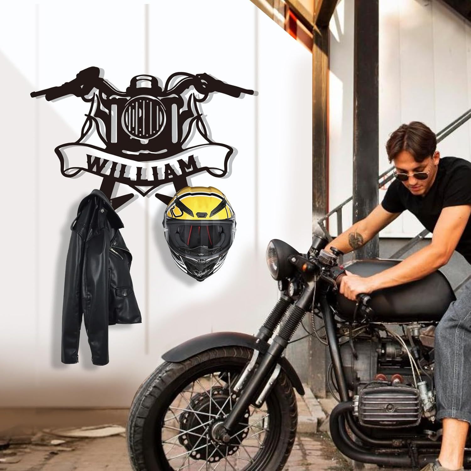 Custom Motorcycle Helmet Holder, Wall Mount Organizer with Hooks, Personalized Helmet Display-MetalsignX