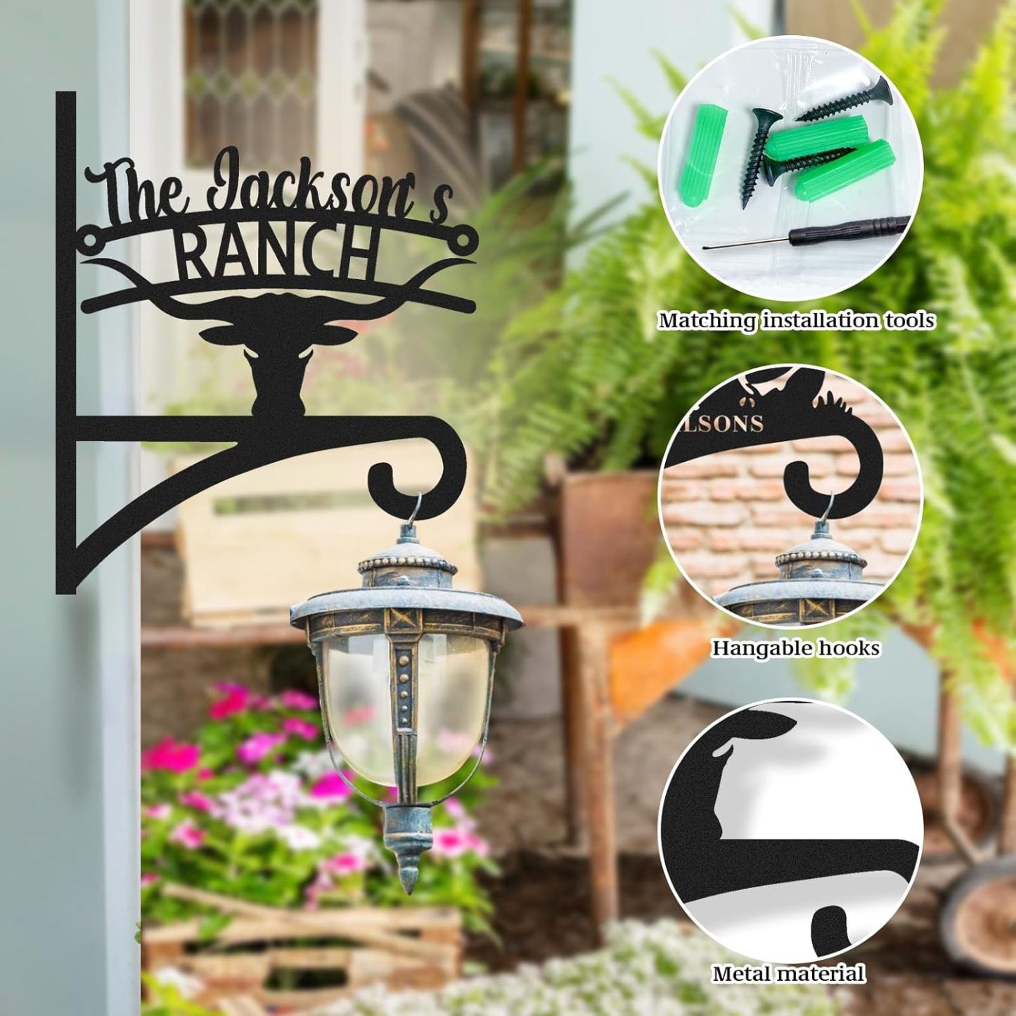 Personalized Iron Hanging Plant Bracket, Customizable Decorative Wall Plant Hanger Indoor Outdoor, Custom Name Bird Feeder Hook, Anti Rust Metal Hook for Wind Chimes Lantern