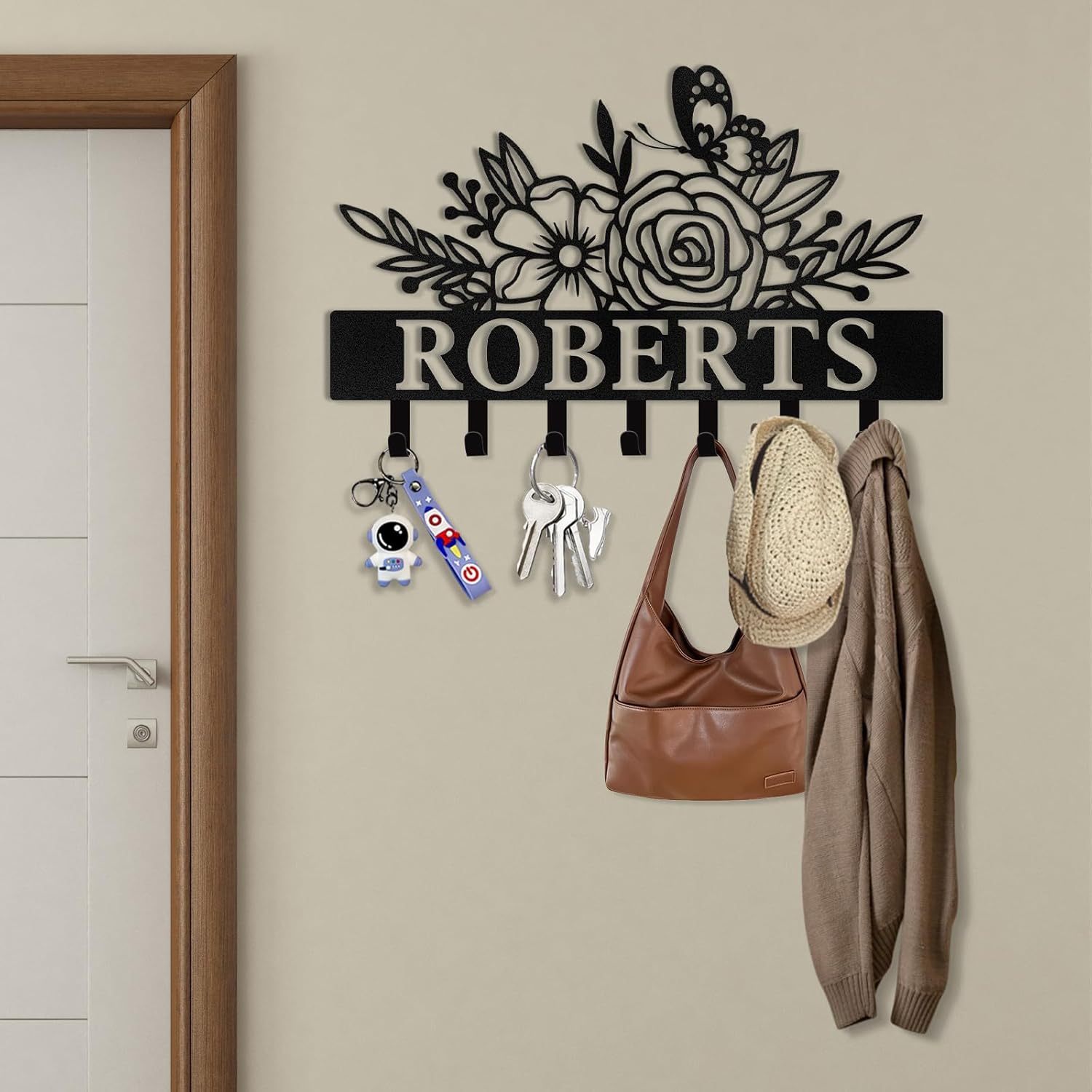 Custom Metal Wall Hook for Living Room,Floral Personalized Key Rack-MetalsignX