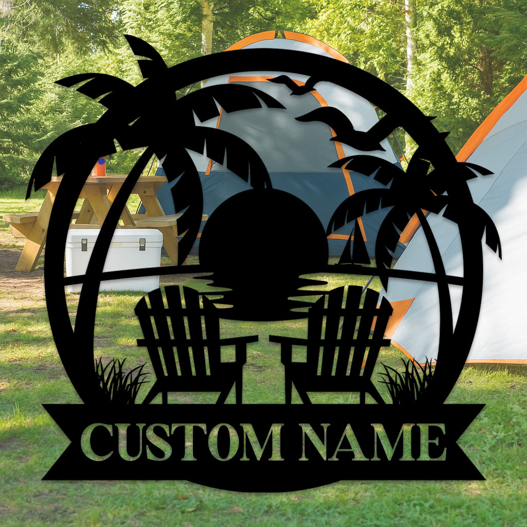 Custom Lake Campfire Metal Sign, Personalized Adirondack Chairs and Forest Scene for Cabin, Porch, or Backyard Outdoor Decor