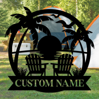Custom Lake Campfire Metal Sign, Personalized Adirondack Chairs and Forest Scene for Cabin, Porch, or Backyard Outdoor Decor