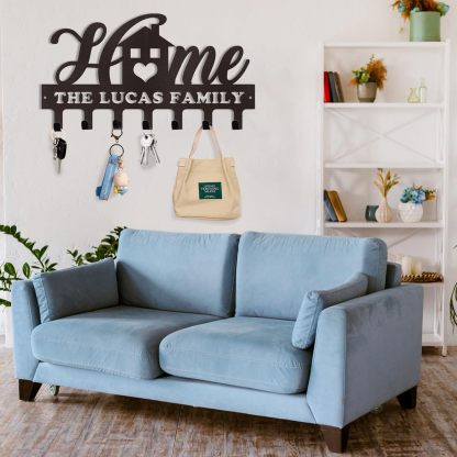 Custom Name Key Holder, Sweet Home Key Rack, Personalized Wall Decor for Home Organization-MetalsignX