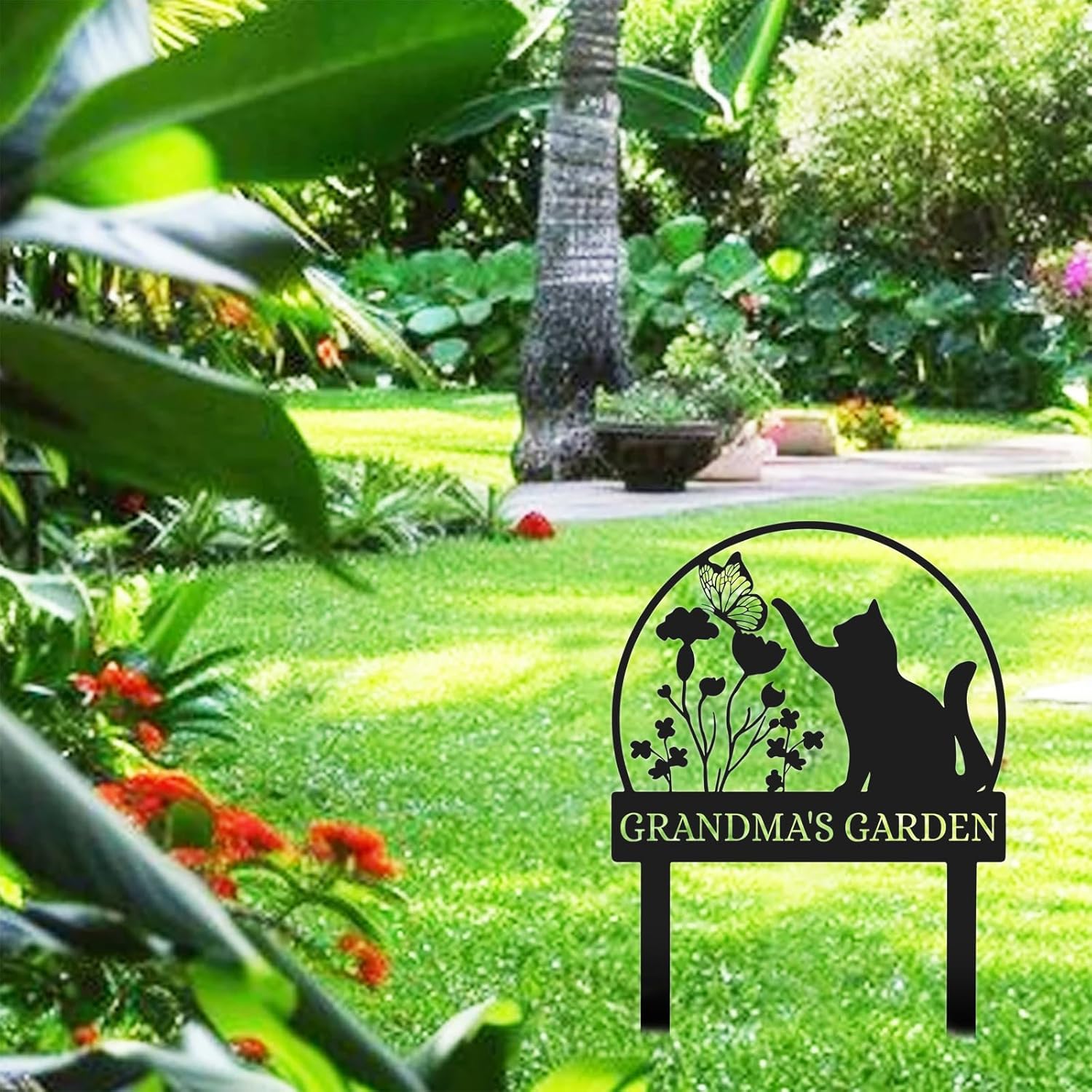 Custom Cat Garden Stake Sign, Funny Personalized Yard Decor, Butterfly & Pet Outdoor Metal Plaque-MetalsignX